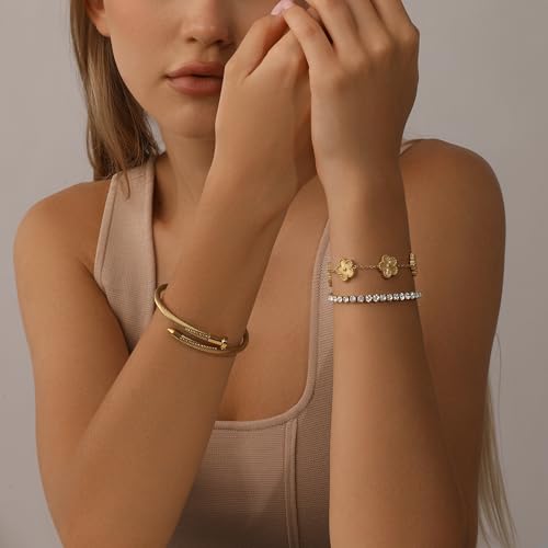 Stackable Four Leaf Clover Bracelets for Women, Tennis Bangle Bracelets Set for Women, 3 Pcs Trendy Jewelry Gifts3