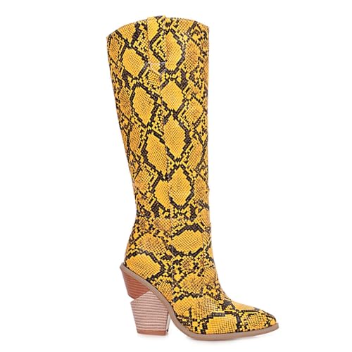 Snake Print Knee High Boots for Women Chunky Heel Pointed Toe Cowboy Boots Sexy Western Snakeskin Cowgirl Boots3