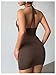 SOLY HUX Women's Halter Mini Dress Draped Front Sexy Deep V Neck Sleeveless Backless Bodycon Party Dresses Solid Coffee Brown Medium