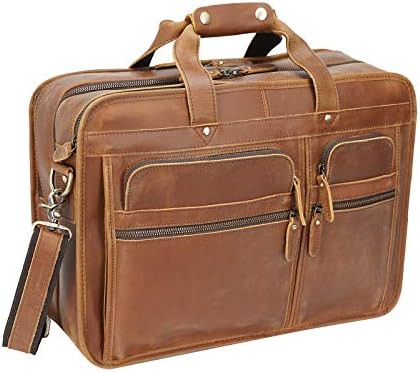 Men's Full Grain Leather Briefcase 17 Inch Travel Business Laptop Messenger Bag Tote with YKK Metal Zippers