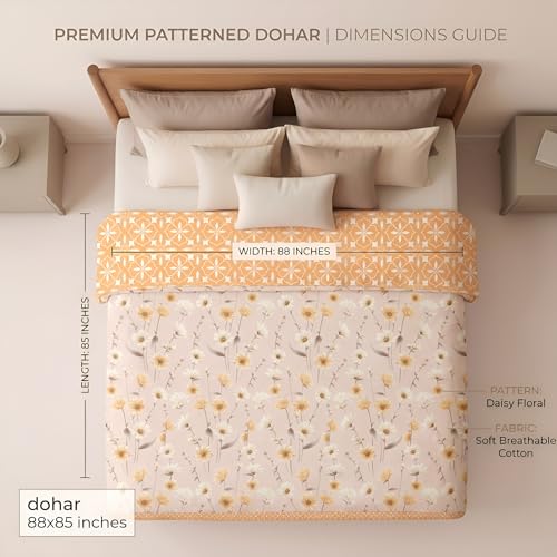 Image of HOMEKART Luxury Cotton Dohar Blanket for Double Bed | Ultra Soft Reversible AC Quilt | Floral Printed Lightweight Summer Blanket | 88x85 Inches (Peach Blossom Harmony)