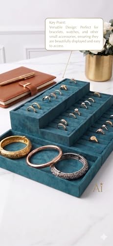 Image of Luxury Velvet Jewelry Organizer Tray for Watch Sunglasses Bangles Earrings Rings Chains Necklace & Others Storage Display Tray (Green, 3 Step Kada Green)
