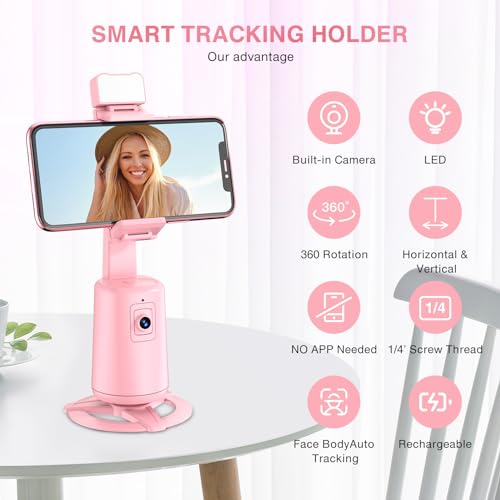 Image of Auto Face Tracking Tripod 360 Rotating Cell Phone Photo and Video Kits Stand, No App, Camera Stand with Remote and Gesture Control, Rechargeable Smart Shooting Stand for Live Recording Tiktok(Pink)