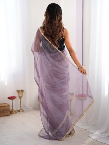 Image of AKHILAM Women's Shimmer Net Solid Saree With Unstitched Blouse Piece