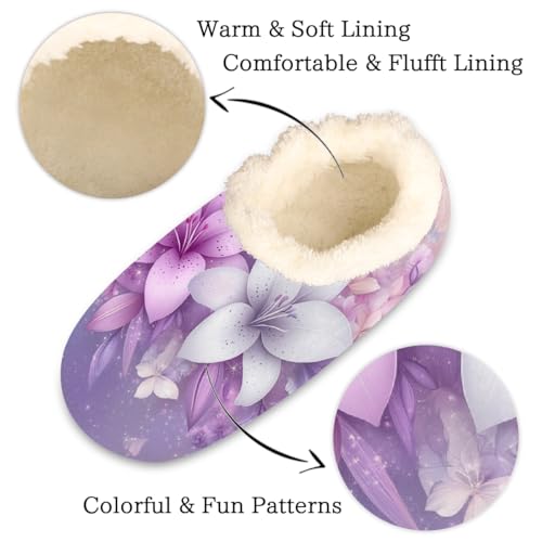 Purple Lily Flowers Floral Slippers for Women Slipper Socks Soft Fuzzy House Slippers Shoes for Indoor Bedroom, Winter Cozy Christmas Gifts2
