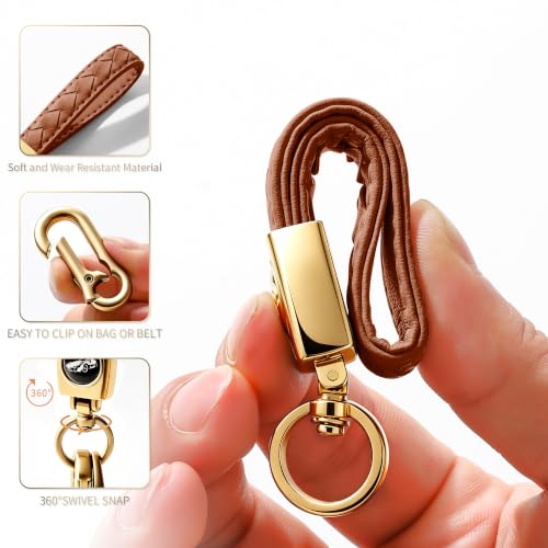 Image of Gkeygo Carabiner Keychain, Universal Heavy Duty Woven Handmade Leather Key Chain, Car Fob Key Keychains with 360 Degree Rotatable Snap Swivel and Anti-Lost D-Ring for Men and Women,Light Gold - Brown