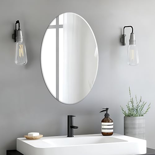 Image of Rousrie Frameless Wall Mirror for Bathroom, Glass, Modern, Clear, Wall Mount, 45 x 30 cm (1, Oval)