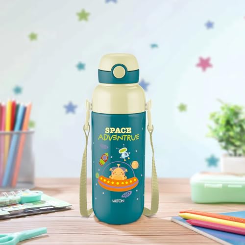 Image of Milton Steel Indus 600 Thermoware PU Insulated, 500 ml Water Bottle with Straw for Kids, Leak Proof Flip Top Sipper Lid Bottle, School, Picnic, Easy to Carry Belt, Dark Green