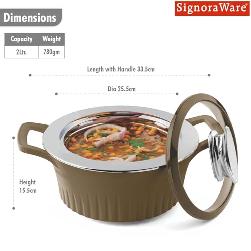 Image of SignoraWare Master Lock BPA Free Plastic Casserole | Inner Stainless Steel With Borosilicate Glass Lid | Perfect for Home, Kitchen & Gifting | Ideal for Storing & Serving Hot Meals (2 Ltr | Brown)