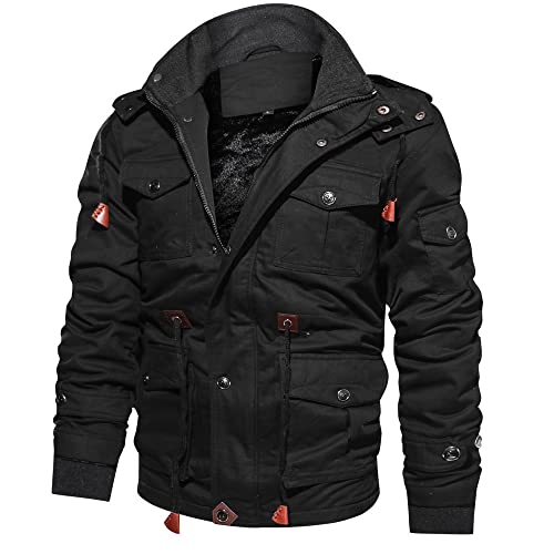 Autumn and Winter Men's Jacket-Casual Faux Fur Lined Waist Drawstring Cargo Warm Hooded Cargo Coat Jacket2
