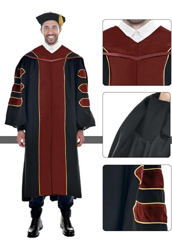 Image of Deluxe Graduation Doctoral Gown Doctoral Hood and Tam 8 Sided Package with Gold Piping Doctoral Regalia