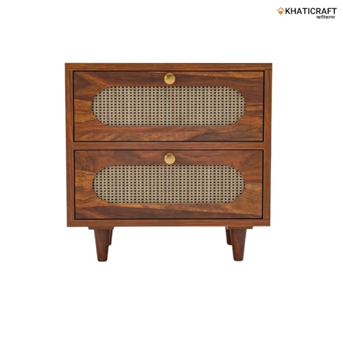 Image of Solid Sheesham Wood Rukm Bedside Table with 2 Drawer Storage for Bedroom | Wooden Nightstand Side Table for Living Room, Home and Hotels | Honey Finish