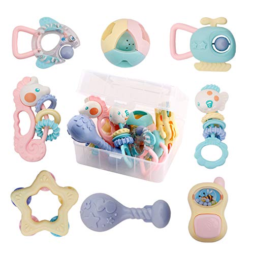 WISHTIME Baby Rattle Toys for Newborns – Baby Toys Rattles and Teethers for Girls Boys 0-3-6-9-12 Months – Baby Rattle Set 8pcs – Infant Rattle Teething Toys ¨C Developmental Sensory Toys for Babies