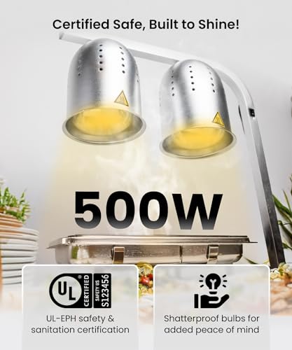 SYBO Commercial Grade Food Heat Lamp, Electric 2-Bulb Heating Lamp Warmer for Food with Adjustable Stand, 500W, Silver