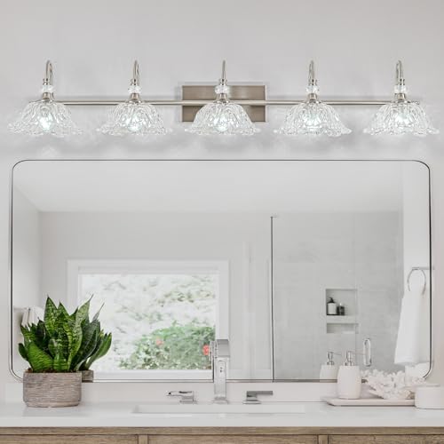 Image of Brushed Nickel 5-Light Bathroom Vanity Light with Floral Clear Glass Shades, Brushed Nickel Wall Mount Lighting for Bathroom, Dressing Table
