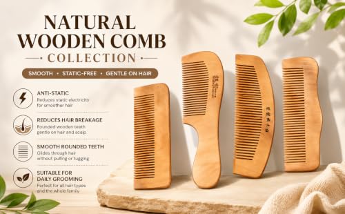 Image of Natural Bamboo Wooden Hair Comb Set of 4