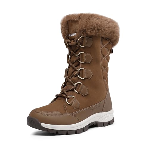 DREAM PAIRS Women's Waterproof Winter Snow Boots, Warm Comfortable Faux Fur Insulated Non-Slip Outdoor Lace-Up Florin Mid Calf Booties 5.5 Tan