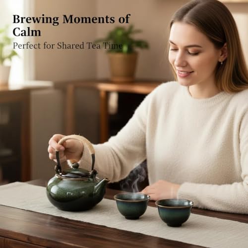 Image of Japanese Teapot with Infuser Ceramic Tea Pot with Removable Stainless Steel Filter for Loose Tea 25 OZ /750ml for Office Home Men Women as Gift Green