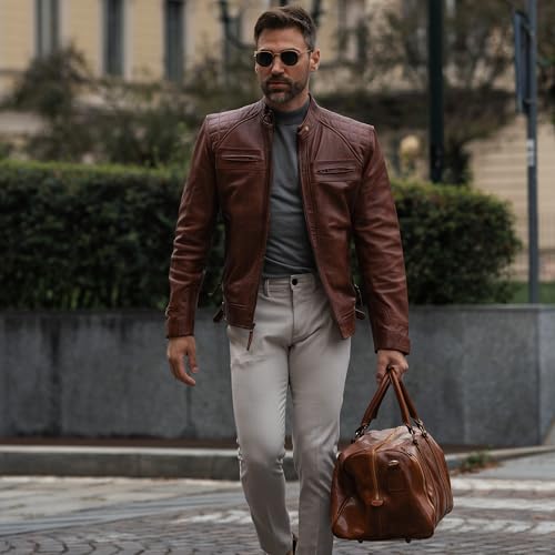 Image of Time Resistance Leather Duffel Bag - Large Weekend Gym Travel Bag (Cognac Brown)