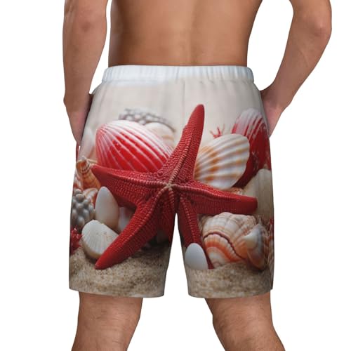 Men's Swim Trunks Quick Dry Board Shorts Red Starfish Seashells Beach Shorts with Pocket Bathing Suits for Men3