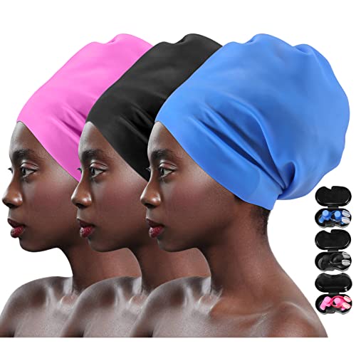 Fivebop 2 Pack Women Silicone Swim Caps Extra Large Swimming Cap For Long Hair Braids Dreadlocks With Ear Plugs And Nose Clip (3Pack-Black+Blue+Pink) #TOP13