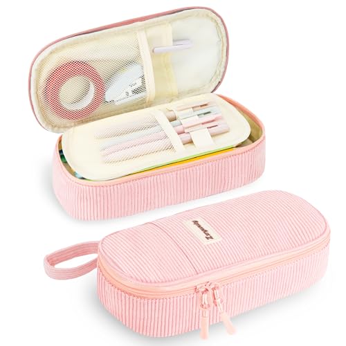 Zzrywuty Pink Aesthetic Pencil Case Large Capacity Soft Corduroy Stationery Pouch with Handle Wide Opening Cute Bag & Organizer for School Girls Teens Adults