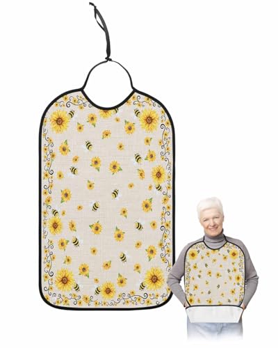 LEOKOTI Sunflower Adult Bibs for Eating, Waterproof Bibs with Food Catcher & Adjustable Snap Closure, Yellow Summer Floral Bee Botanical Rustic Washable Clothing Protectors Adult Bibs for Elderly
