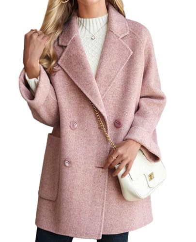 CHARTOU Women Wool Coat Peacoat Jacket Thick Loose Double Breasted Pea Coat Woolen Winter Overcoat (Medium,Pink)