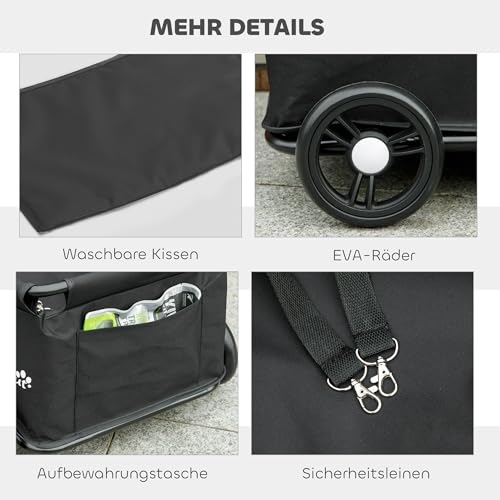 PawHut Hundewagen, klappbarer Hundebuggy für Zwergenhunde bis zu 4 kg, zusammenklappbarer Katzenbuggy mit Griffstange, waschbarem Kissen, Sicherheitsleinen, Aufbewahrungstasche, 4 Räder, Schwarz