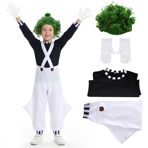 Chocolate Factory Worker Costume For Kids World Book Day Outfit Inspired By Chocolate Factory Story With Green Wig And Gloves Kids Fancy Dress Boys Costume For Parties Cosplay And Story Events (120CM)