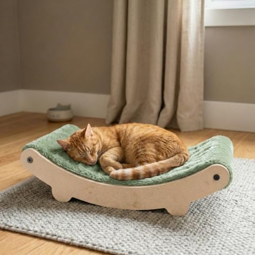 Image of Cat Hammock Bed with Plush Cushion, Wooden Curved Rocker Design, 23x13x6 Inch, Premium Comfort Lounger for Cats (FURR-162) (Green)