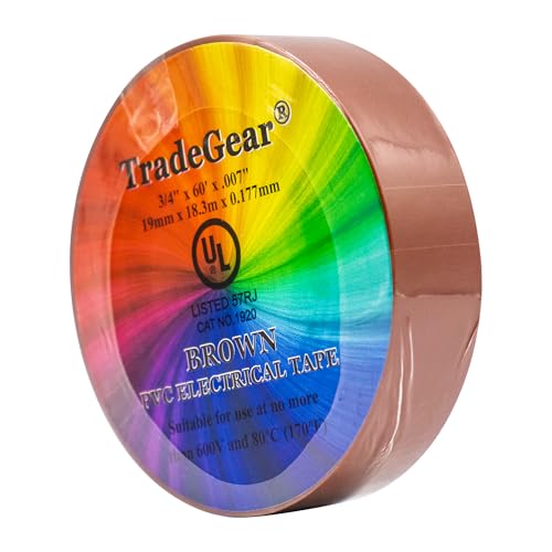 Image of TradeGear Colored Electrical Tape - PVC General Purpose - Waterproof, Flame Retardant, Rubber Based Adhesive, UL Listed - Rated for Max. 600V and 80oC Use - 60' x 3 /4 inch x 0.07 inch (1 Pk Brown)
