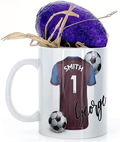 Hairyworm Personalised Mug and Milk Chocolate Easter Egg Gift Set, Customised with Name/Number/Text, (11oz) White Mug with Red Football Shirt, Football Mug