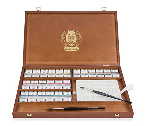 Schmincke - HORADAM® AQUARELL Premium Color Box with 47 Finest Watercolors, Porcelain Palette, 2 Davinci Brushes, 74348097, Wooden Box, 47 x 1/1 Pans, ONetz