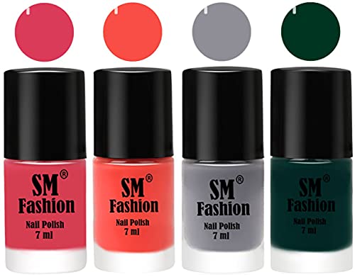Image of Nail Polish Combo Set (Pack of 4) Quick Dry Gel Finish Nail Paint | Rose,Coral,Gray,Dark Green | 7 ml Each
