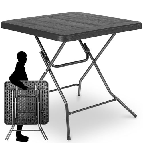 Clevich Gartentisch Holz-Optik, quadratisch, Gartentisch klappbar, HBT: 74x80x80cm, Balkontisch mit Stahlrahmen Beine & Robustem Kunststoff, Hochstabiler Campingtisch, für Balkon, Garten & Terrasse