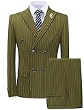 Men's Stripe Suit Double Breasted 2 Piece Slim Fit Blazer Pants Set for Teen Boys Dark Olive Green Wedding Suit 5XL