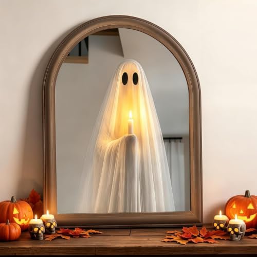 Light Up Ghost Mirror Novelty Ghost Holding Candle On Mirror Halloween GhostMirror Lighted Holiday Displays Spooky Halloween Decorations Indoor for Wall Table Mantel Room Home Office Party