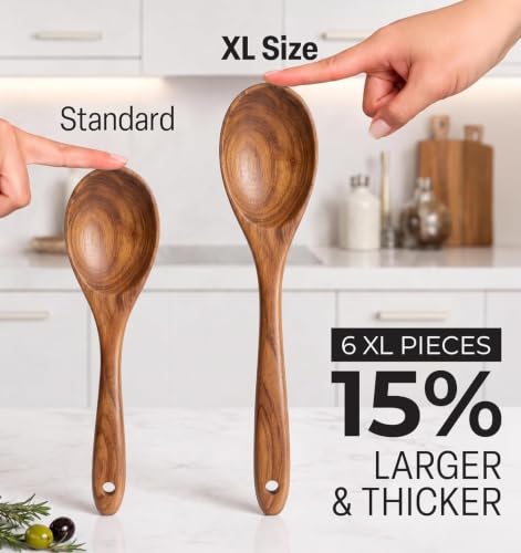 Image of Zulay Kitchen Extra-Large 6-Piece Wooden Spoon Set - Smooth Teak Cooking Utensils - Comfort-Grip Non-Stick Turner, Spatula, Skimmer, Fork, Serving Spoon