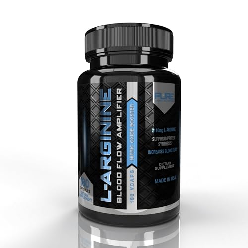 Pure Label Nutrition L Arginine Capsules, Nitric Oxide Booster, Amino Acid Supplement for Men and Women, Helps Build Muscle & Strength and Boost Energy, Blood Flow Support - 180 caps