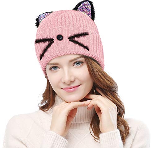 Bellady Mother Children Sequin Cat Ears Hats Warm Knit Crochet Beanies Cute Fashion Skull Cap3
