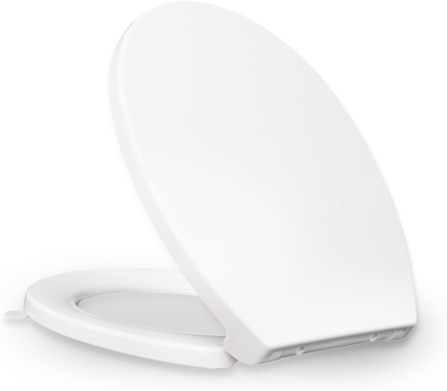KHE Elongated Toilet Seat 18.5 Inch, Soft Close Toilet Seat with No-Touch Handle, Quick Release for Easy Cleaning, Non-Slip Bumpers, Durable PP, White