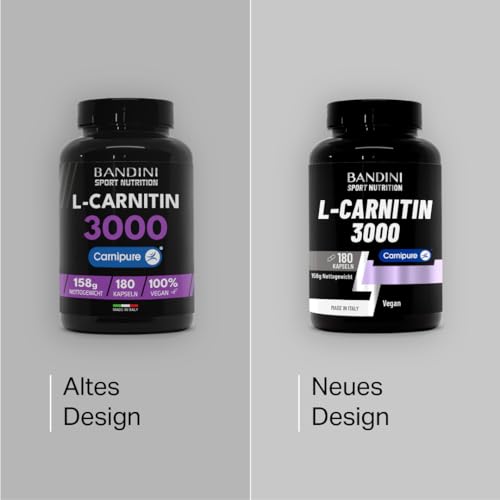 Bandini® L-CARNITIN Carnipure® 3000, 180 Kapseln, L-Carnitine, Sport-Supplement mit L Carnitin-Tartrat, reines Karnitin mit hoher Absorption und Bioverfügbarkeit, ohne Zusatzstoffe, 100% Vegan