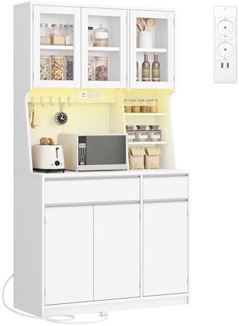 Hzuaneri küchenschrank, Buffetschrank, mit Steckdosen und Led-Lichtleisten | Hochschrank mit Arbeitsplatten und Zwei Schubladen, Küche, 40 x 100 x 180 cm, Weiß, PT00103XEU