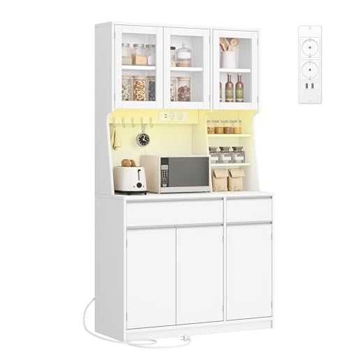 Hzuaneri Credenza cucina, mobile buffet, armadio domestico con multipresa e striscia luminosa a LED, piano di lavoro e 2 cassetti, ripiani regolabili, cucina, soggiorno, 40x100x180cm, Bianco