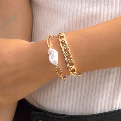 FUTIMELY Baroque Pearl Chain Bracelet Set for Women Chunky Adjustable Gold Paperclip Link Statement Bangles Personality Cuban Chain Bracelet Charm Jewelry Gift2