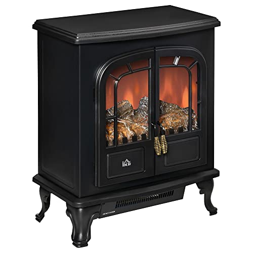 Homcom Electric Fireplace Stove Heater With Led Fire Flame Effect, Double Door, Freestanding & Portable With Overheat Protection, 1000W/2000W, Black-image
