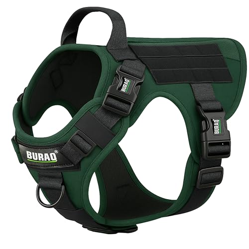 Image of Buraq Tactical Dog Harness No-Pull Heavy Duty Pet Harness Adjustable with Handle Easy Control, Tactical Vest Harness for Walking Training Hiking (Dark Green, XL)