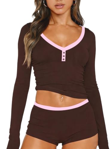 Image of Dressmine Cute Pjs Pajama Sets for Women Sexy 2 Piece Spring Pajamas Lounge Sleep Set Long Sleeve Shorts Sleepwear