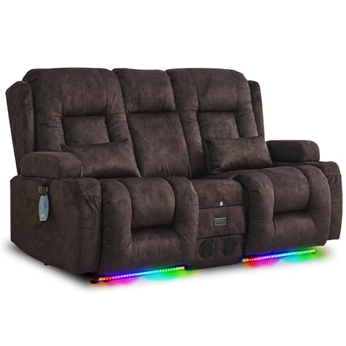 Image of URRED Power Loveseat Recliner Sofa with Massage and Heat, Wall Hugger Reclining Loveseat with Console, RV Couch Home Theater Seating with LED Lights for Living Room (Brown, 67 inch - 2 Seats)